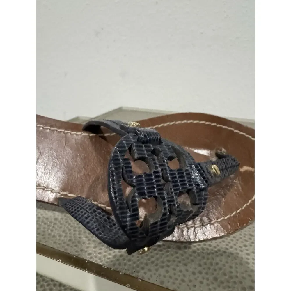Tory Burch Women's Gabriel Veg Leather Flat Thong Perfect Blue Sz 7 M